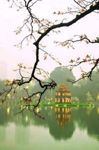 Scenic view of Hoan Kiem Lake with Turtle Tower in Hanoi, Vietnam