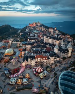 French Village at Ba Na Hills, Da Nang, Vietnam, showcasing European-style architecture and cobblestone streets