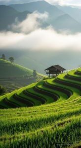 Terraced rice fields in Sapa, northern Vietnam, surrounded by mountains and lush greenery